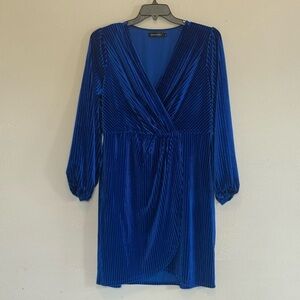 MEROKEETY Royal Blue Ribbed Velvet Faux Wrap Dress XL Long Sleeve Party Holiday